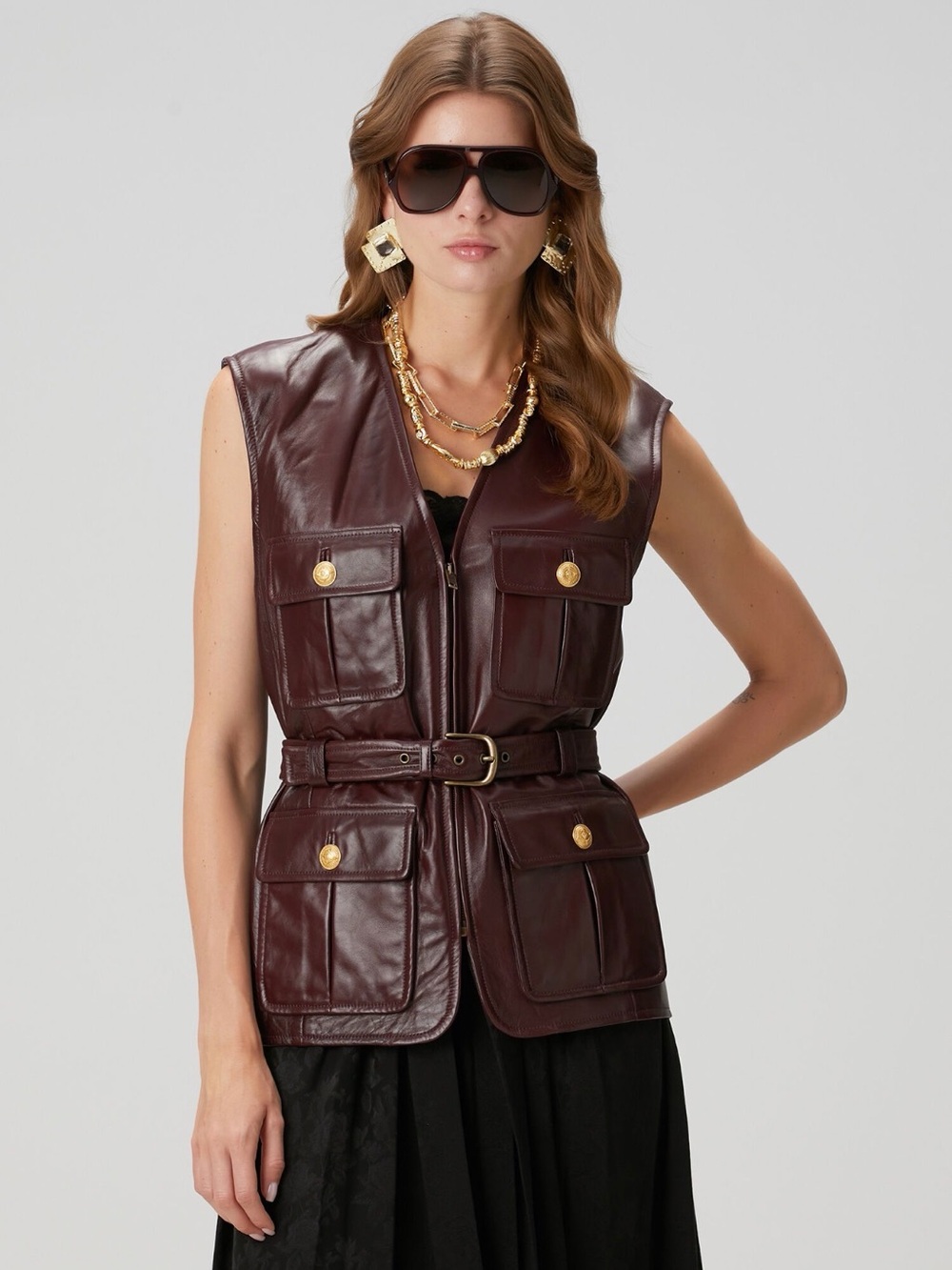 Chloé Dark Burgundy Leather Sleeveless Belted Vest Sz FR34